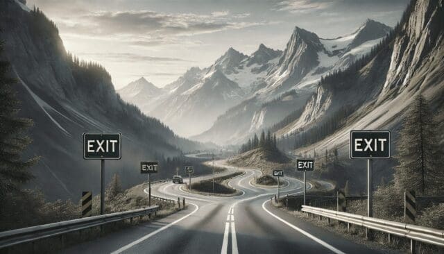 A mountain road with several roads branching off labeled with "Exit" signs.