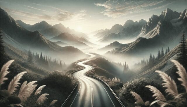 A serene and inspiring header image that symbolizes the "high road" with a winding mountain path at sunrise. By DALL-E