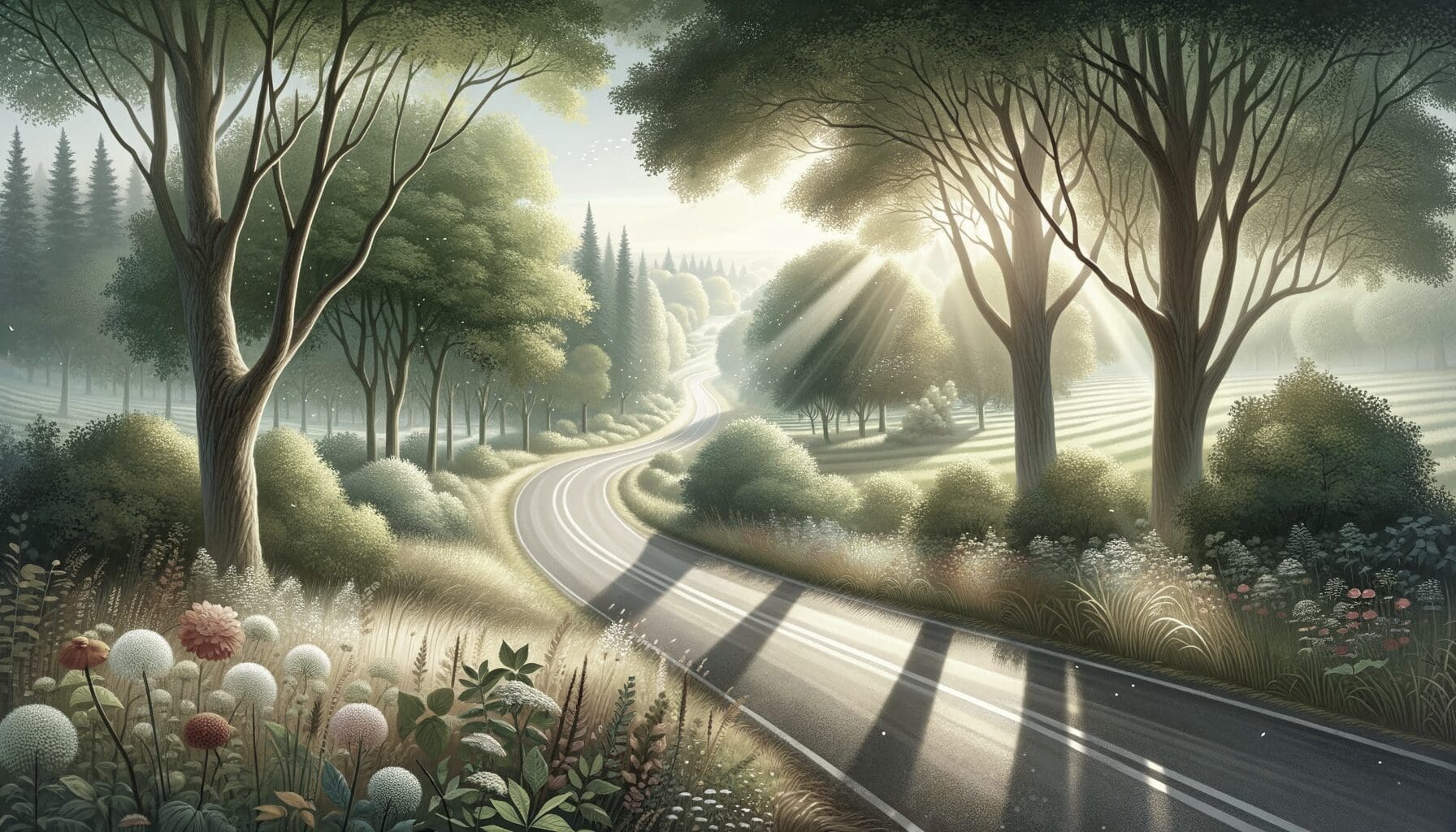 DALL-E image of a road though a senic ares of flowers and trees, with sunrays beaming down.